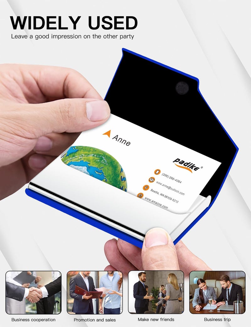 Padike Business Card Holder, Upgraded Leather Business Card Case Pocket Card Holders for Men or Women, Metal Slim Name Card Holder RFID Blocking Business Card Carrier with Magnetic Closure (Y-BU) - Image 5